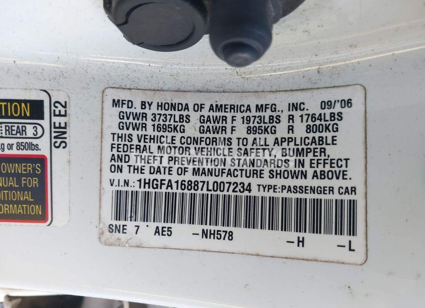 Photo 9 of 2007 Honda Civic EX (VIN 1HGFA16887L007234)