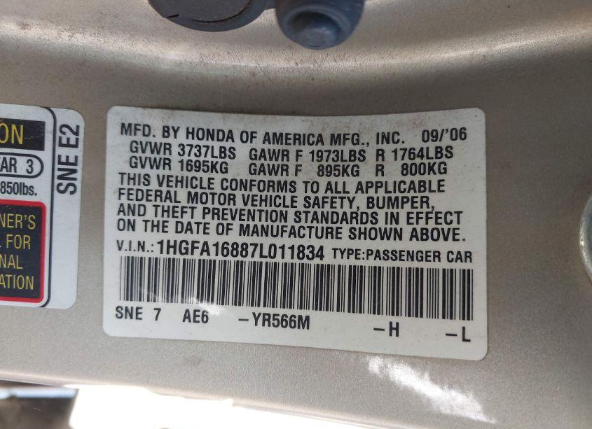 Photo 9 of 2007 Honda Civic EX (VIN 1HGFA16887L011834)