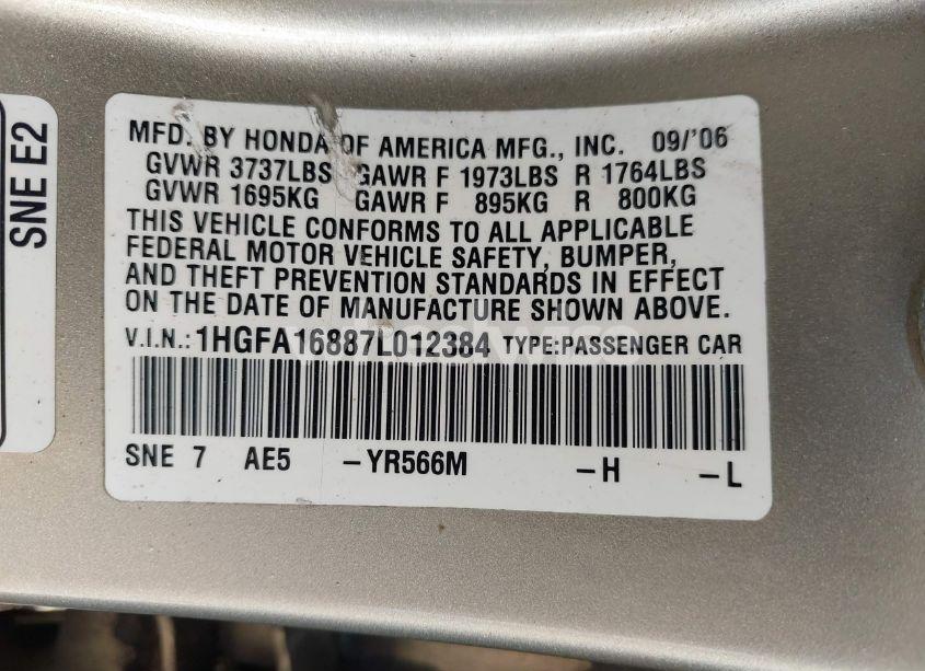 Photo 9 of 2007 Honda Civic EX (VIN 1HGFA16887L012384)