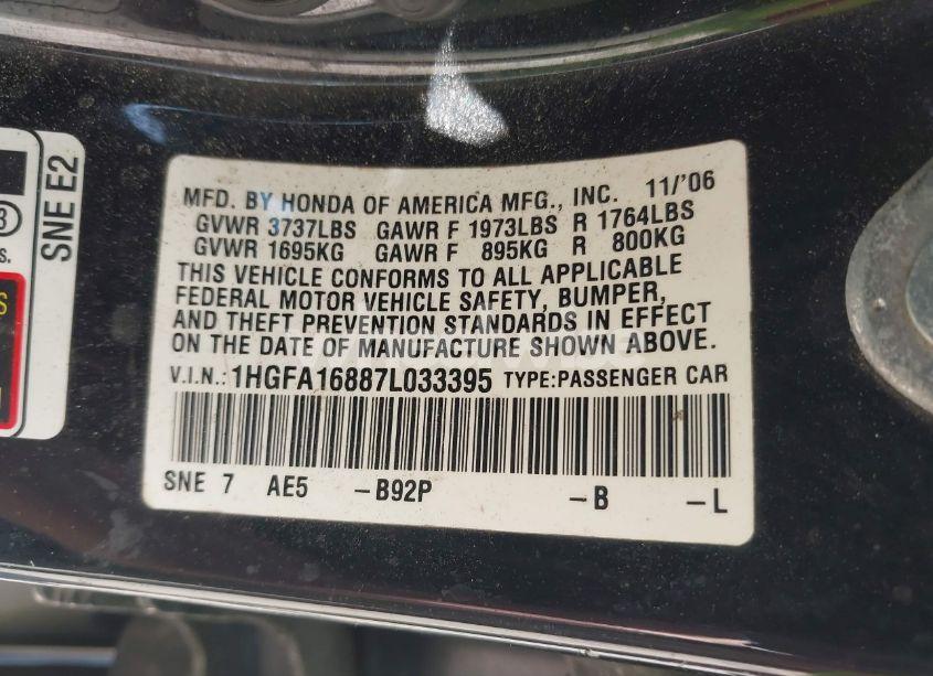 Photo 9 of 2007 Honda Civic EX (VIN 1HGFA16887L033395)