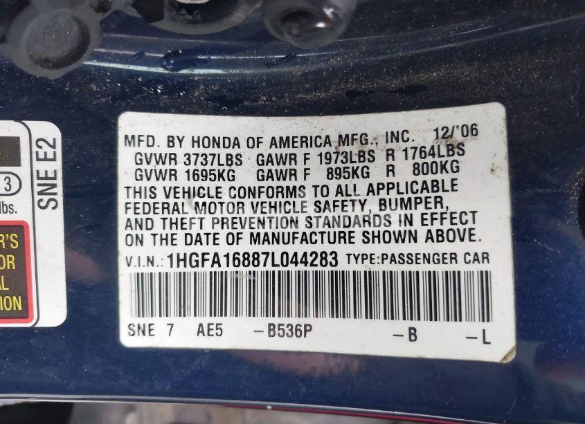 Photo 9 of 2007 Honda Civic EX (VIN 1HGFA16887L044283)