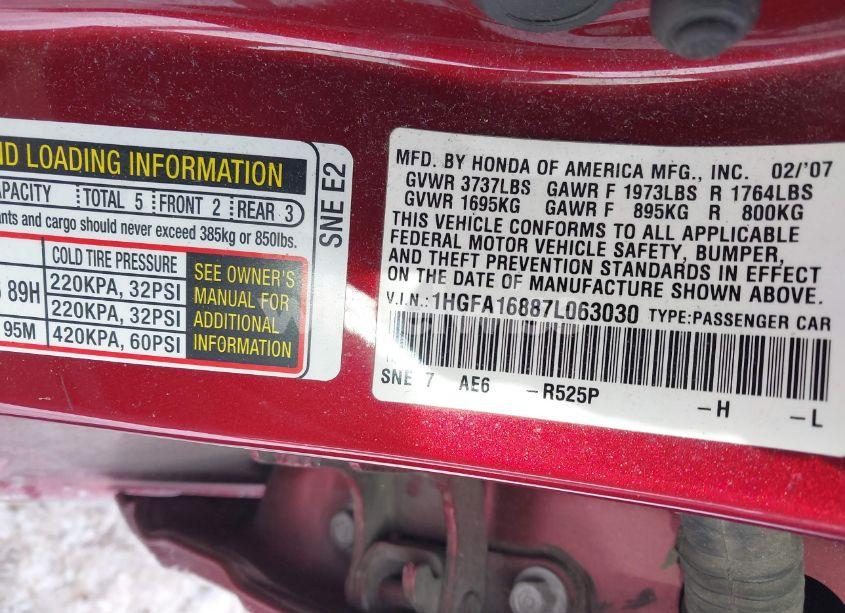 Photo 9 of 2007 Honda Civic EX (VIN 1HGFA16887L063030)