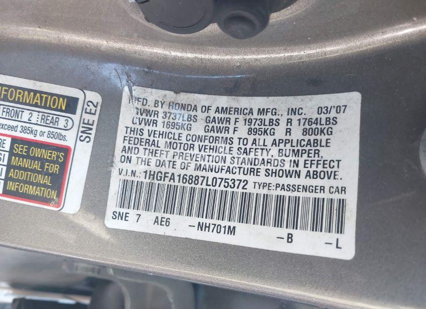 Photo 9 of 2007 Honda Civic EX (VIN 1HGFA16887L075372)