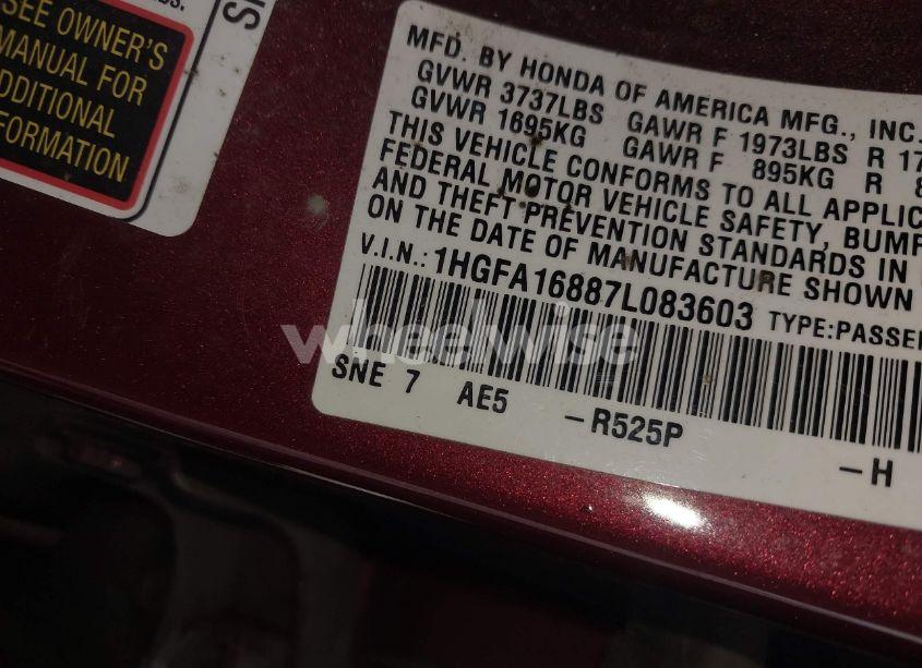 Photo 9 of 2007 Honda Civic EX (VIN 1HGFA16887L083603)