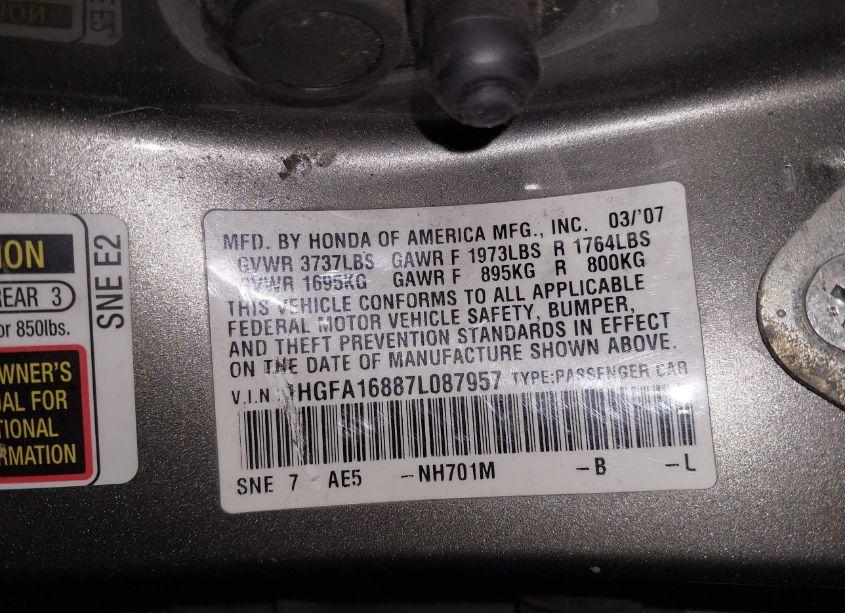 Photo 9 of 2007 Honda Civic EX (VIN 1HGFA16887L087957)