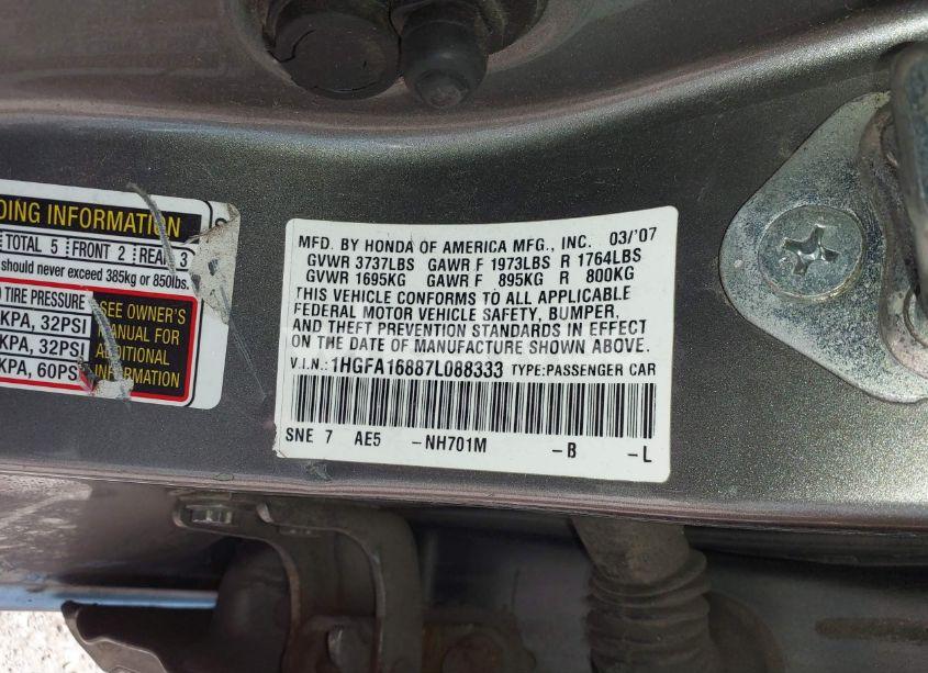 Photo 9 of 2007 Honda Civic EX (VIN 1HGFA16887L088333)