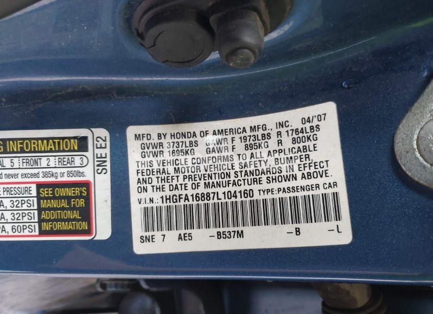 Photo 9 of 2007 Honda Civic EX (VIN 1HGFA16887L104160)