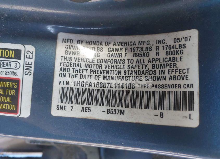 Photo 9 of 2007 Honda Civic EX (VIN 1HGFA16887L114106)