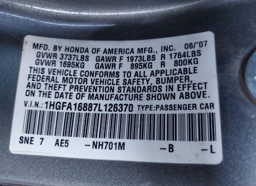 Photo 9 of 2007 Honda Civic EX (VIN 1HGFA16887L126370)