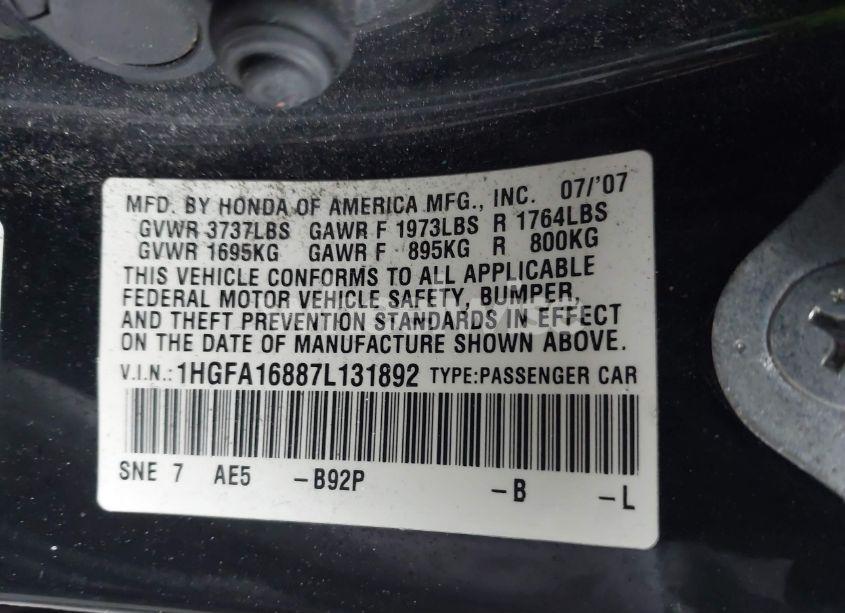 Photo 9 of 2007 Honda Civic EX (VIN 1HGFA16887L131892)