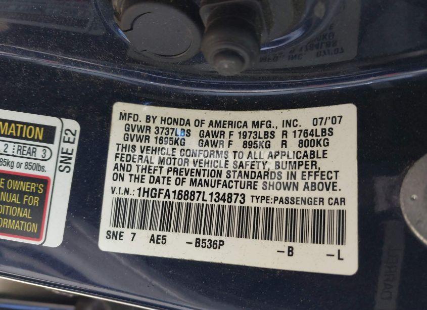 Photo 9 of 2007 Honda Civic EX (VIN 1HGFA16887L134873)