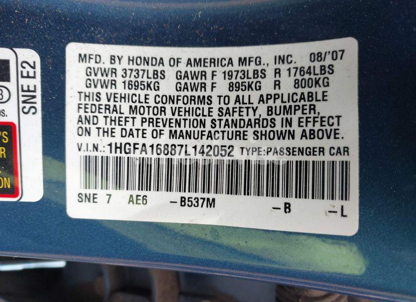 Photo 9 of 2007 Honda Civic EX (VIN 1HGFA16887L142052)