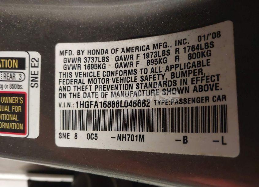 Photo 9 of 2008 Honda Civic EX (VIN 1HGFA16888L046682)