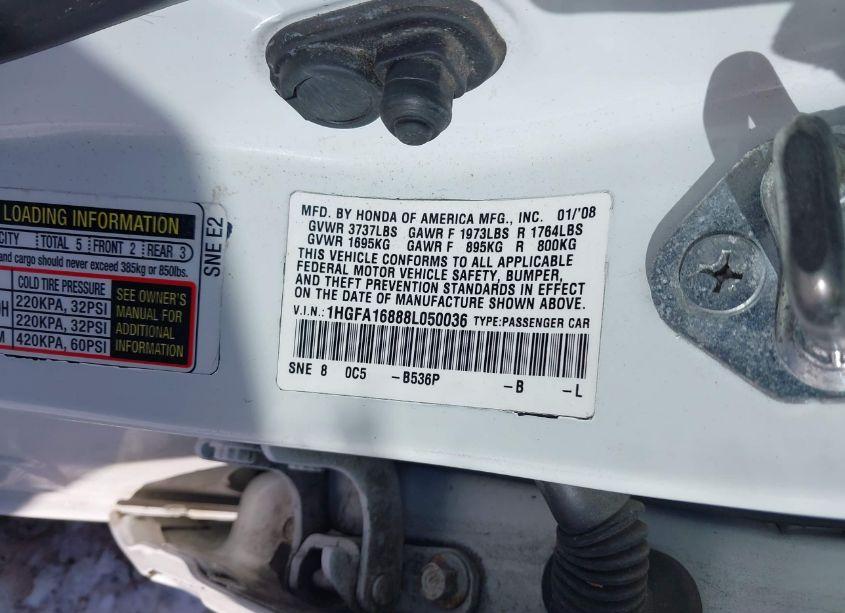 Photo 9 of 2008 Honda Civic EX (VIN 1HGFA16888L050036)