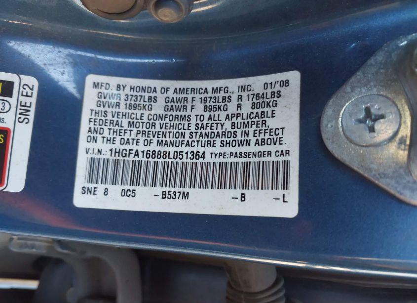 Photo 9 of 2008 Honda Civic EX (VIN 1HGFA16888L051364)