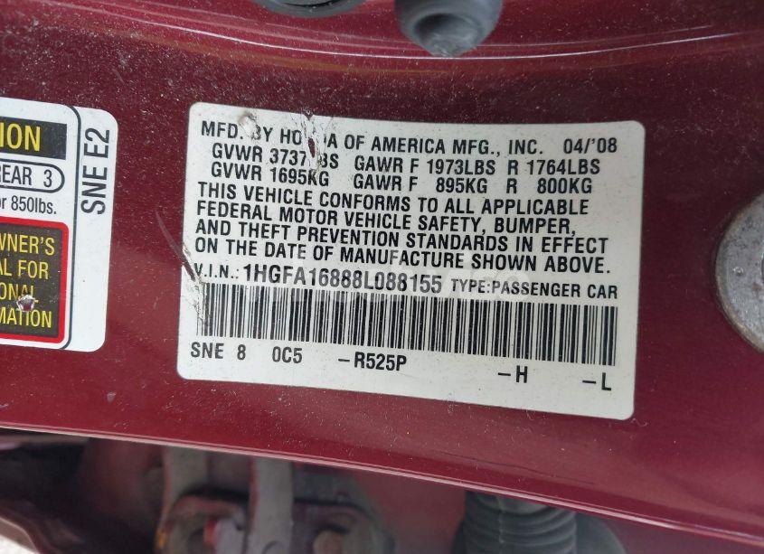 Photo 9 of 2008 Honda Civic EX (VIN 1HGFA16888L088155)