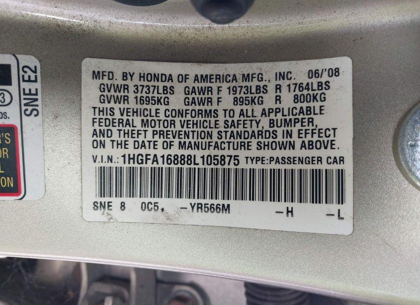 Photo 9 of 2008 Honda Civic EX (VIN 1HGFA16888L105875)