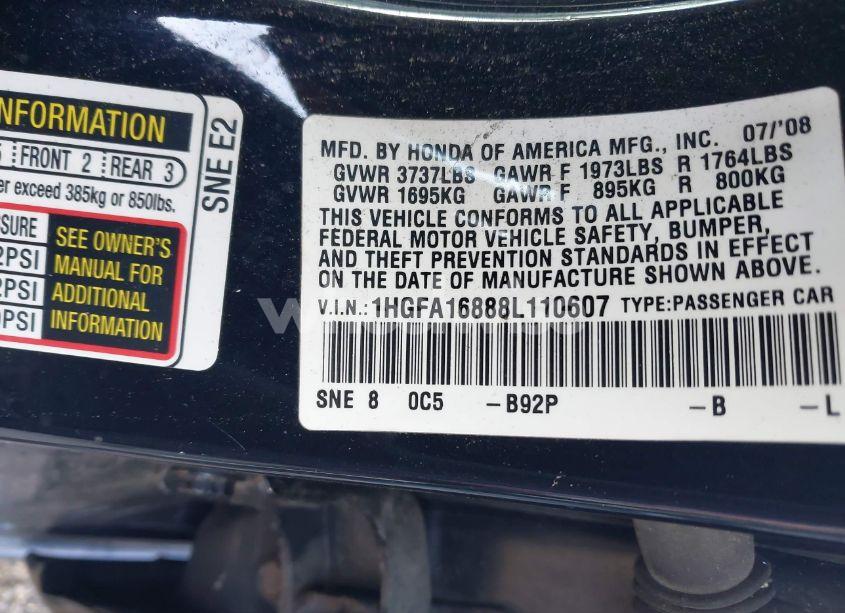 Photo 9 of 2008 Honda Civic EX (VIN 1HGFA16888L110607)