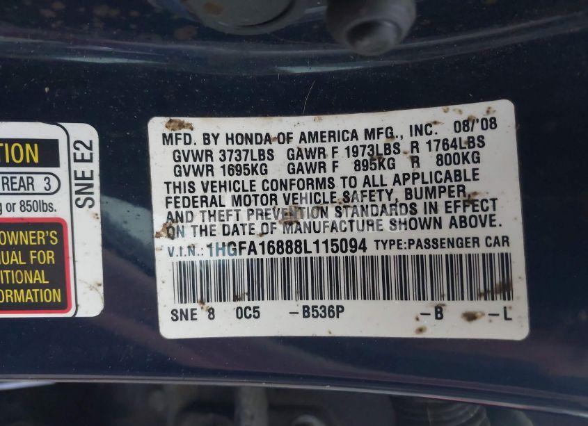 Photo 9 of 2008 Honda Civic EX (VIN 1HGFA16888L115094)