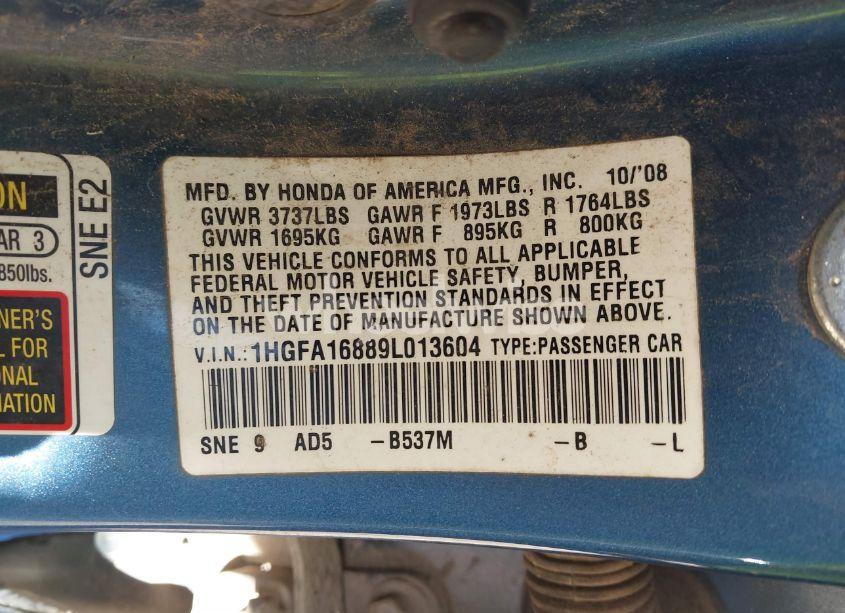 Photo 9 of 2009 Honda Civic EX (VIN 1HGFA16889L013604)