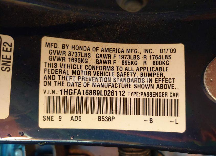 Photo 9 of 2009 Honda Civic EX (VIN 1HGFA16889L026112)