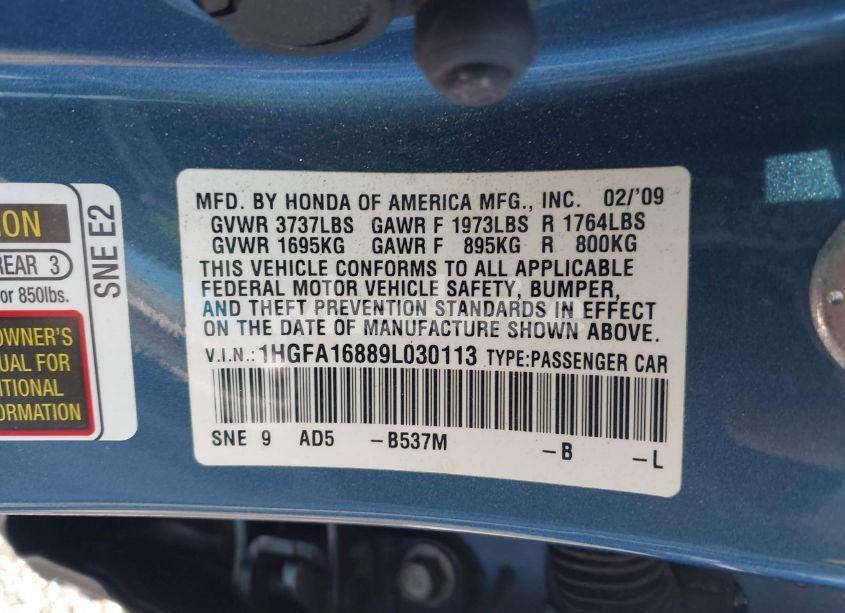 Photo 9 of 2009 Honda Civic EX (VIN 1HGFA16889L030113)
