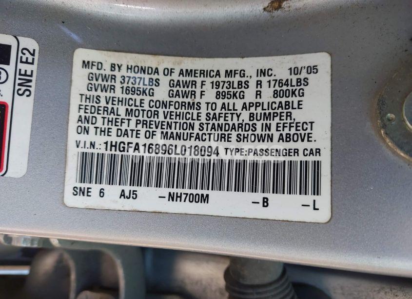 Photo 9 of 2006 Honda Civic EX (VIN 1HGFA16896L018094)