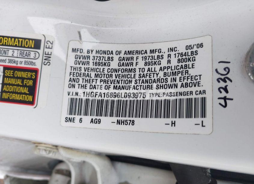 Photo 9 of 2006 Honda Civic EX (VIN 1HGFA16896L093975)