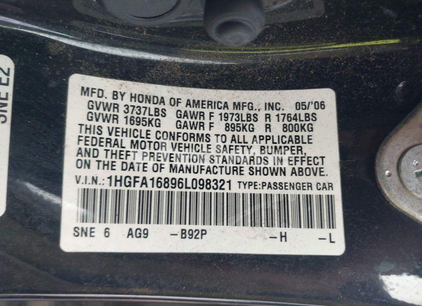 Photo 9 of 2006 Honda Civic EX (VIN 1HGFA16896L098321)