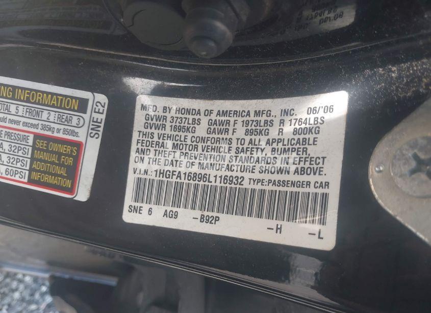 Photo 9 of 2006 Honda Civic EX (VIN 1HGFA16896L116932)