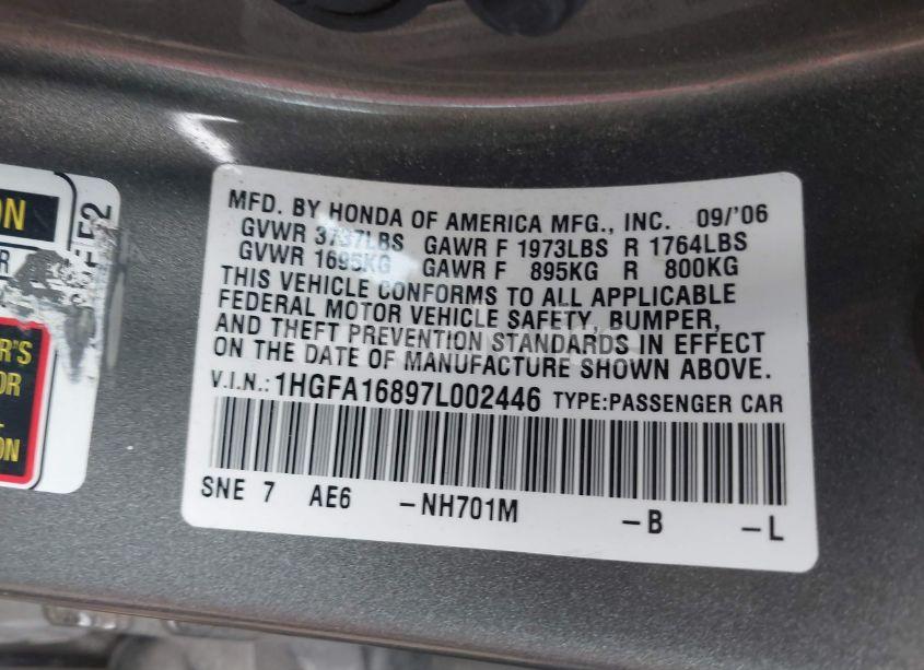 Photo 9 of 2007 Honda Civic EX (VIN 1HGFA16897L002446)