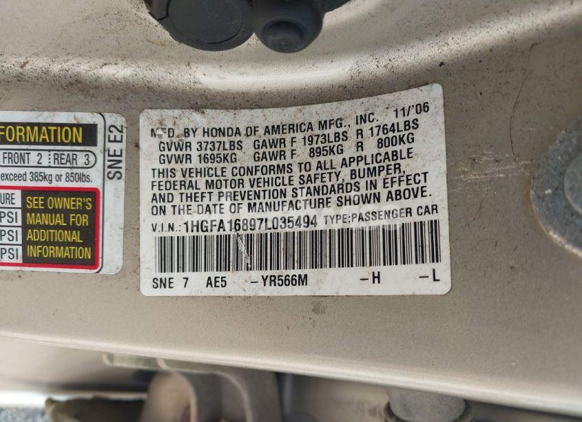 Photo 9 of 2007 Honda Civic EX (VIN 1HGFA16897L035494)