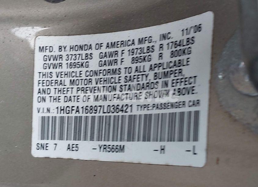 Photo 9 of 2007 Honda Civic EX (VIN 1HGFA16897L036421)
