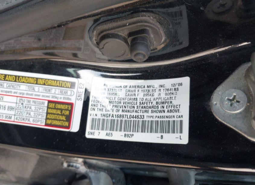 Photo 9 of 2007 Honda Civic EX (VIN 1HGFA16897L044633)