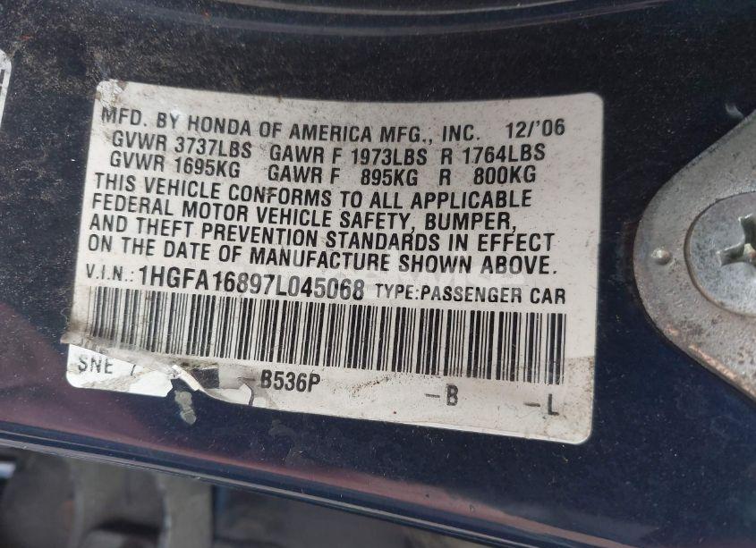 Photo 9 of 2007 Honda Civic EX (VIN 1HGFA16897L045068)