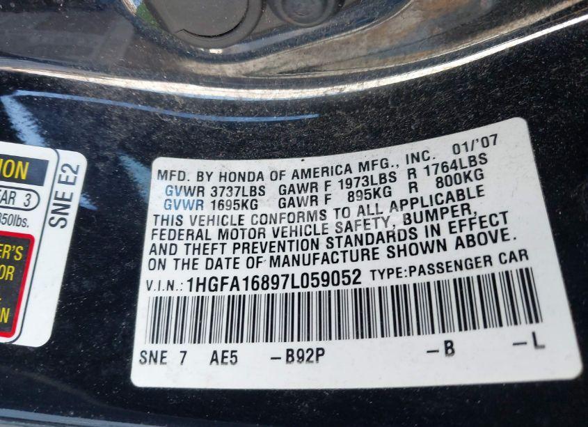 Photo 9 of 2007 Honda Civic EX (VIN 1HGFA16897L059052)