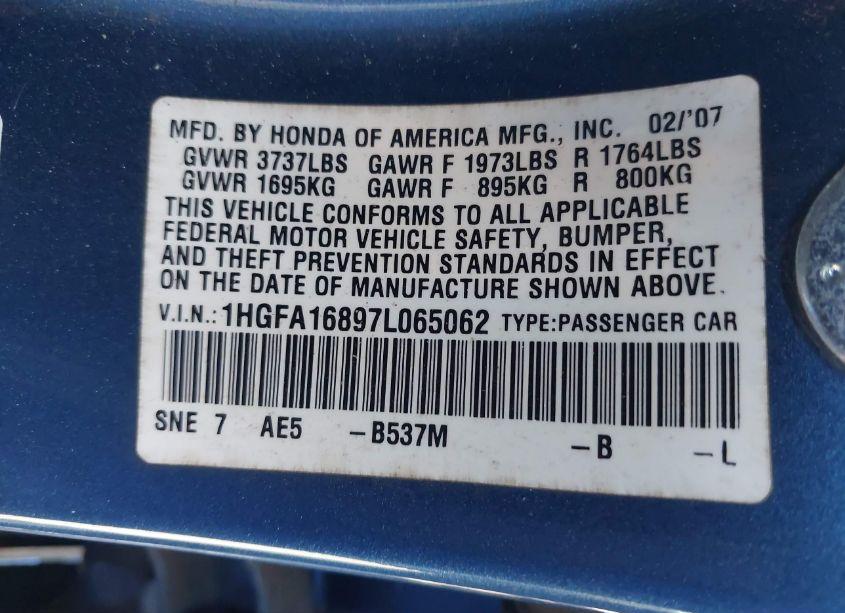 Photo 9 of 2007 Honda Civic EX (VIN 1HGFA16897L065062)
