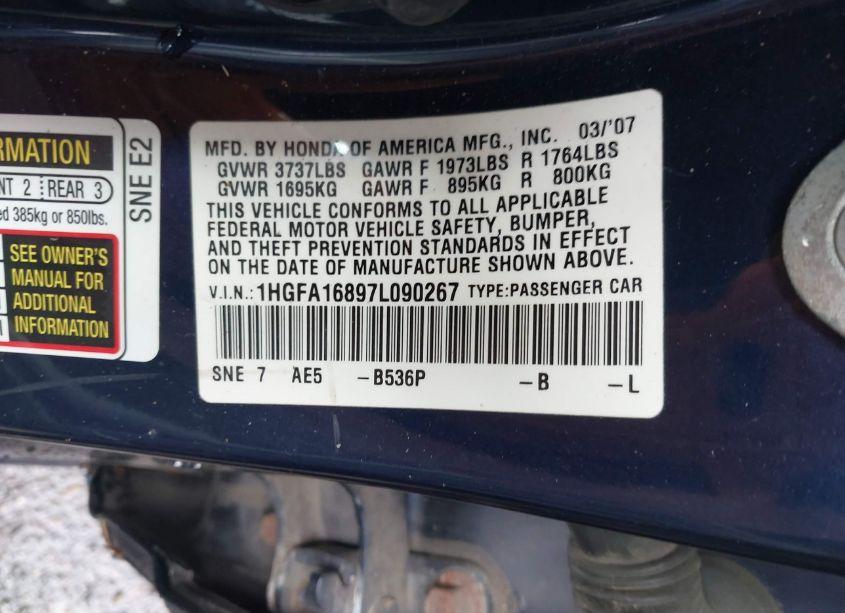 Photo 9 of 2007 Honda Civic EX (VIN 1HGFA16897L090267)