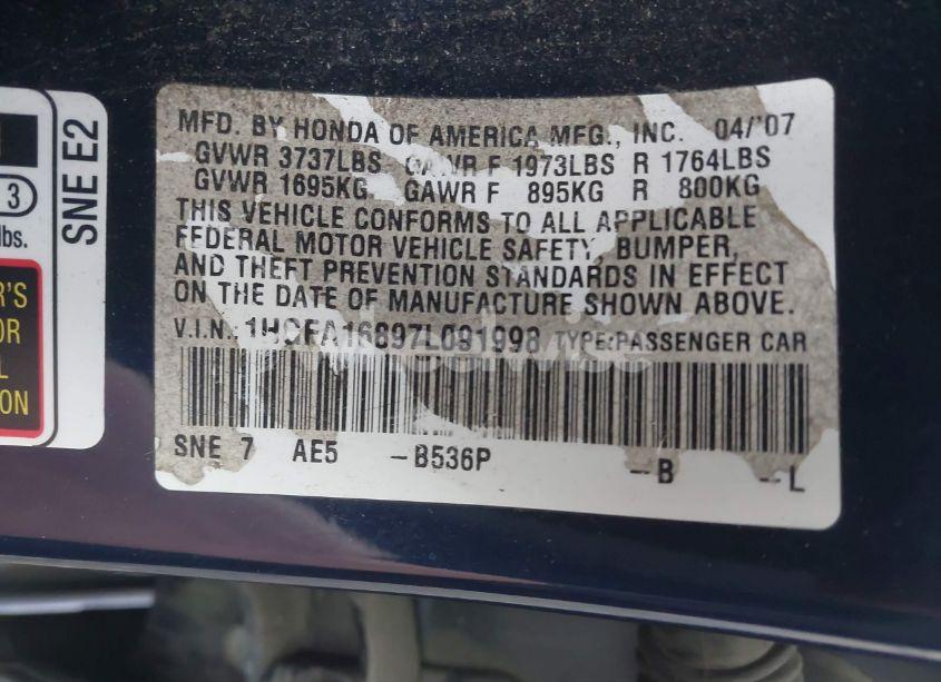 Photo 9 of 2007 Honda Civic EX (VIN 1HGFA16897L091998)