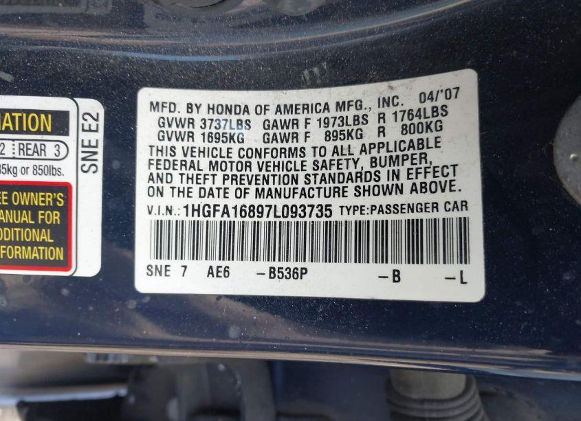 Photo 9 of 2007 Honda Civic EX (VIN 1HGFA16897L093735)