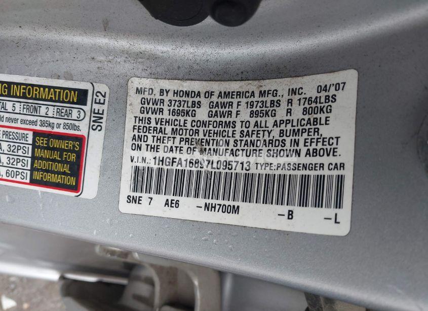 Photo 9 of 2007 Honda Civic EX (VIN 1HGFA16897L095713)