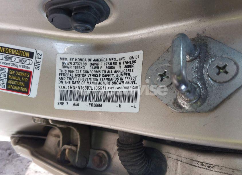 Photo 9 of 2007 Honda Civic EX (VIN 1HGFA16897L105611)