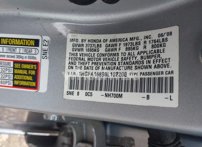 Photo 9 of 2008 Honda Civic EX (VIN 1HGFA16898L102208)
