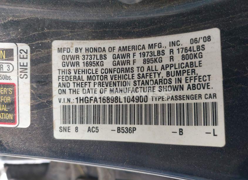 Photo 9 of 2008 Honda Civic EX (VIN 1HGFA16898L104900)