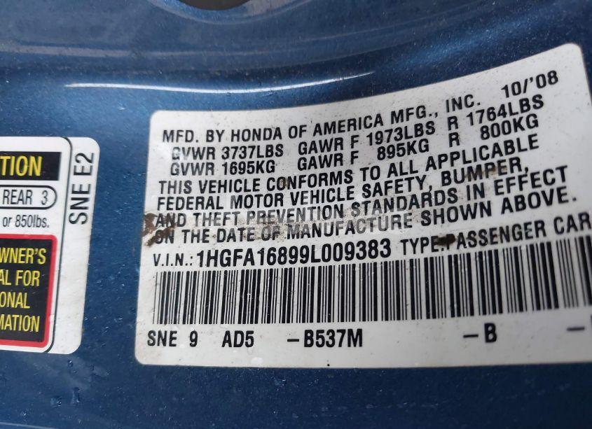 Photo 9 of 2009 Honda Civic EX (VIN 1HGFA16899L009383)