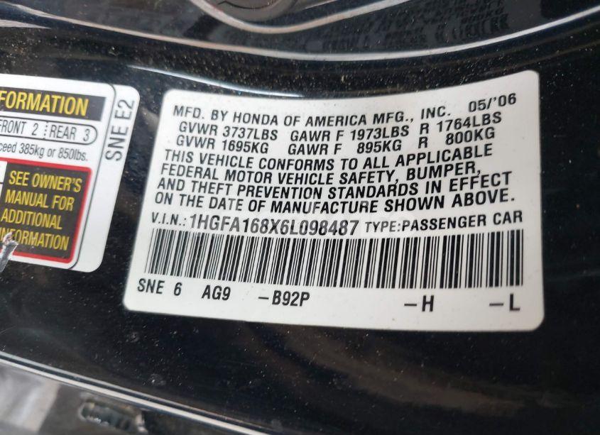 Photo 9 of 2006 Honda Civic EX (VIN 1HGFA168X6L098487)