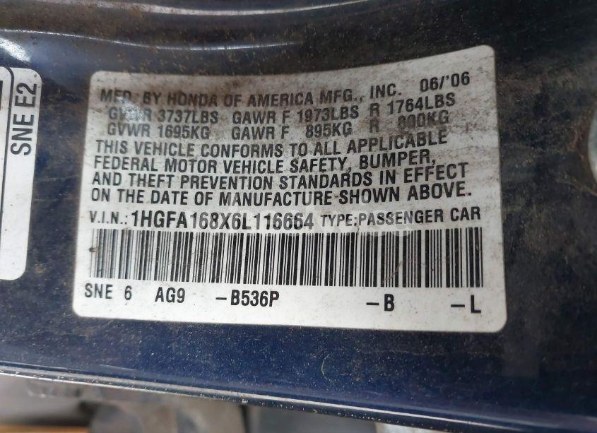 Photo 9 of 2006 Honda Civic EX (VIN 1HGFA168X6L116664)