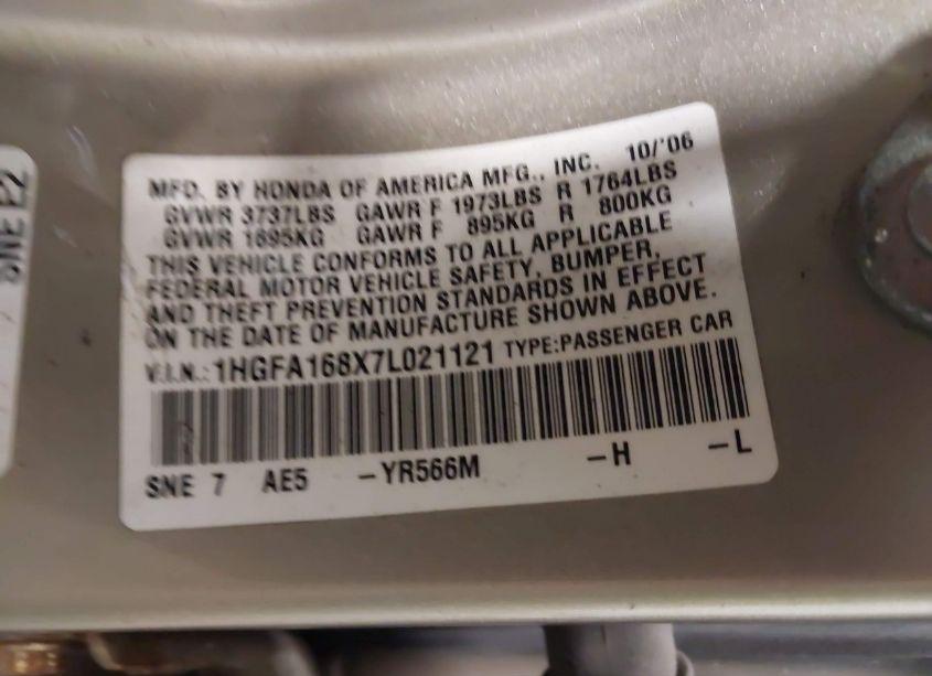 Photo 9 of 2007 Honda Civic EX (VIN 1HGFA168X7L021121)