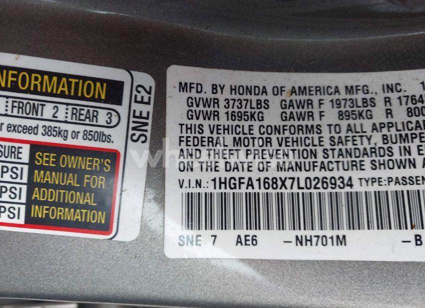 Photo 9 of 2007 Honda Civic EX (VIN 1HGFA168X7L026934)