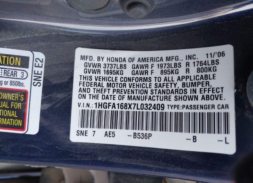Photo 9 of 2007 Honda Civic EX (VIN 1HGFA168X7L032409)